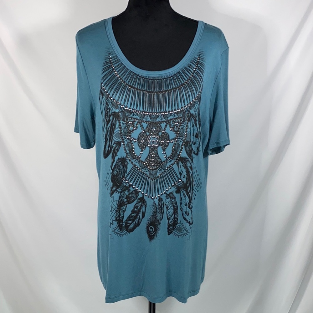 Liberty Wear Teal Embellished Feather Graphic Top NWT 2X